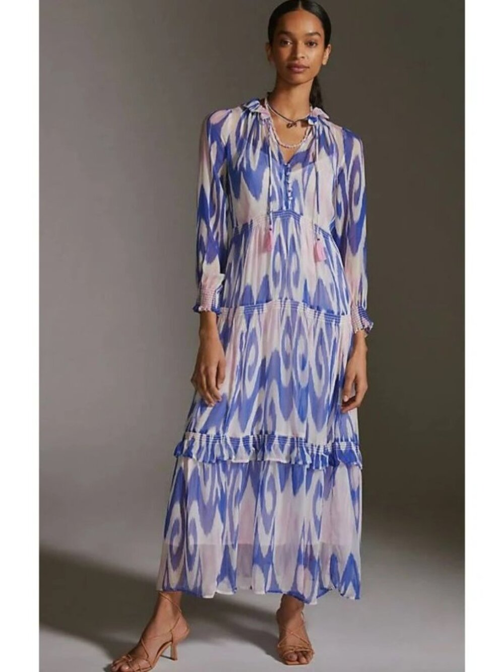 Anthropologie Marais Printed Chiffon Maxi Dress in blue and pink